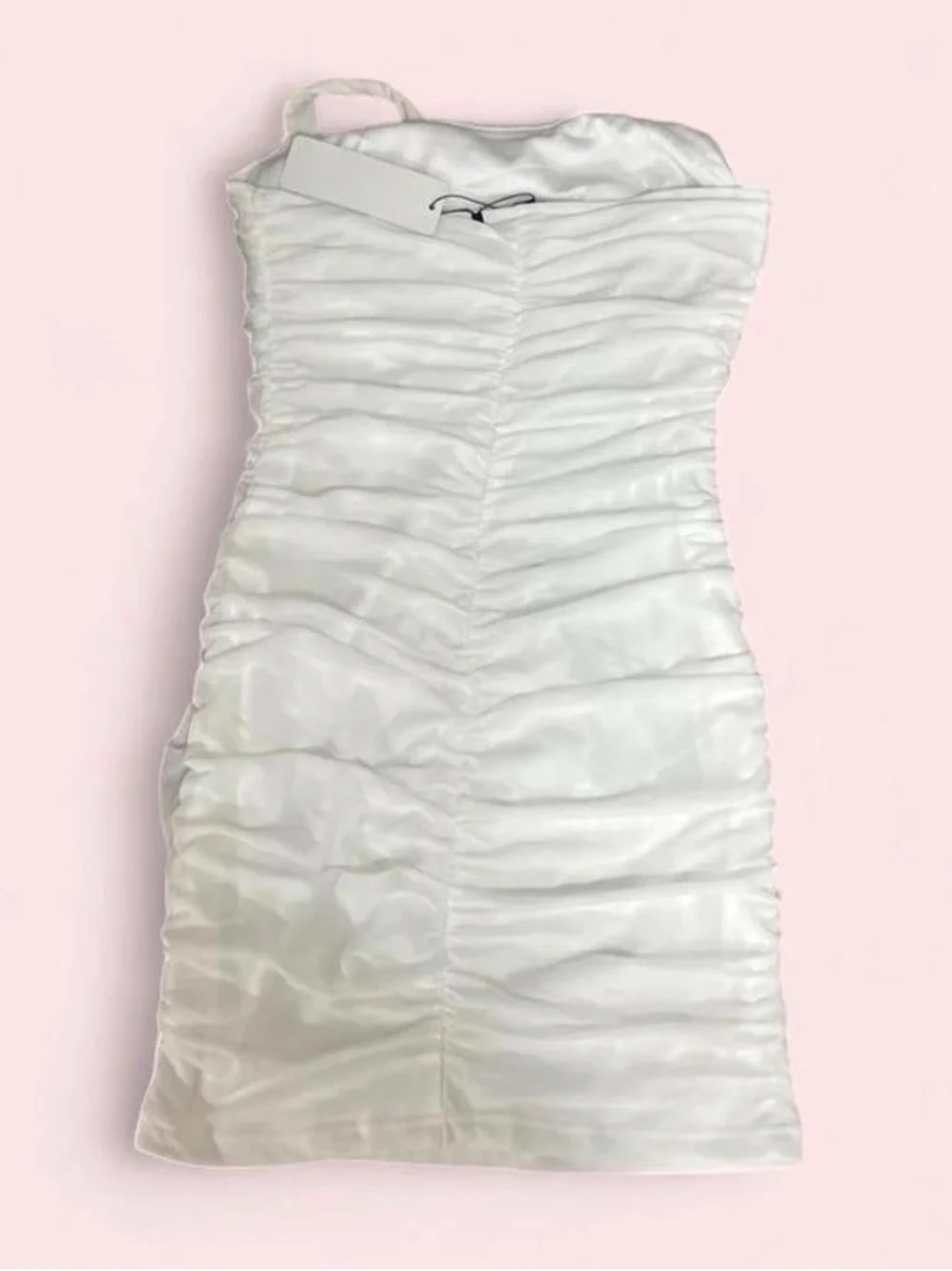 Strapless White Ruched Maxi Dress with Front Tie Detail